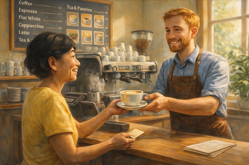 Keiko is ordering a coffee from a barista in a coffee shop in Australia
