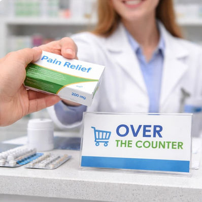 A pharmacist giving over-the-counter medicine to a customer at a pharmacy counter.