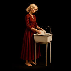 A barefoot platinum-blonde woman in a long red dress washes a white plate at a simple enam
