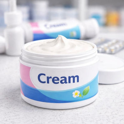 A jar of medical cream with the lid open and cream inside on a pharmacy counter.