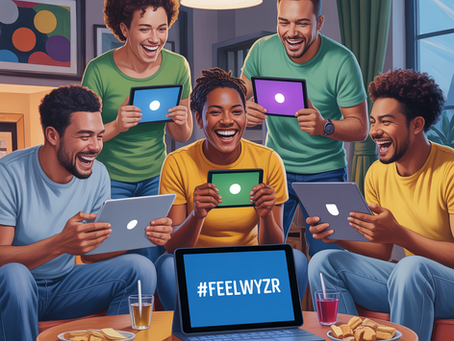 A group of five people smile in a living room, holding tablets with glowing screens playing The #FeeLgr8r Memory Rush game. A laptop shows #FEELWYZR. Cozy ambiance, snacks on table.