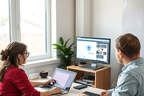 Two people in a small AI workshop setting, each at their own laptop learning AI tools toge
