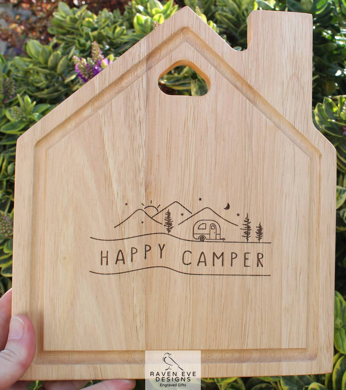 'Happy Camper Caravan' Engraved Wooden House Shaped Board
