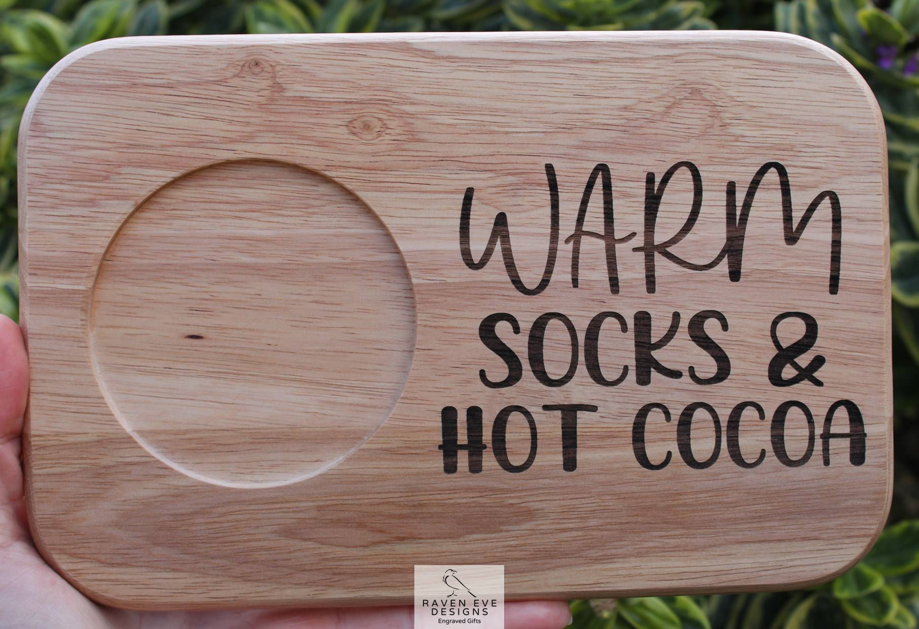 'Warm Socks & Hot Cocoa' Engraved Wooden Tea & Biscuit Board