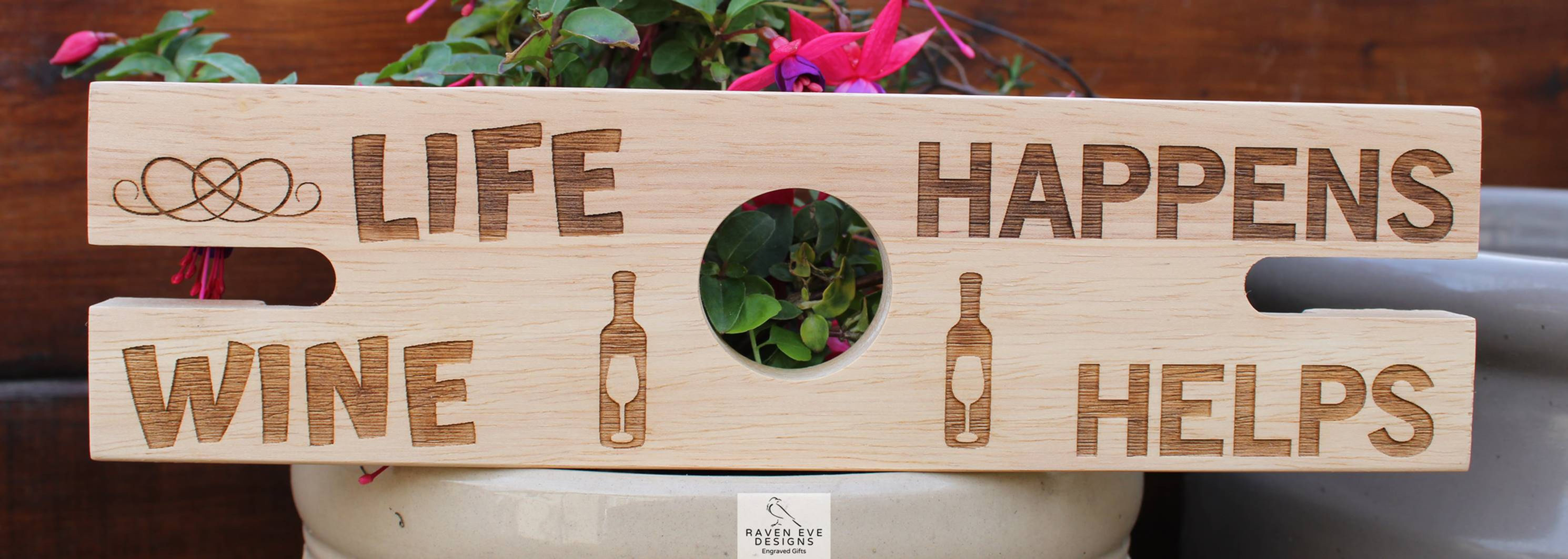 'Life Happens Wine Helps' Engraved 2 Glass Wine Butler