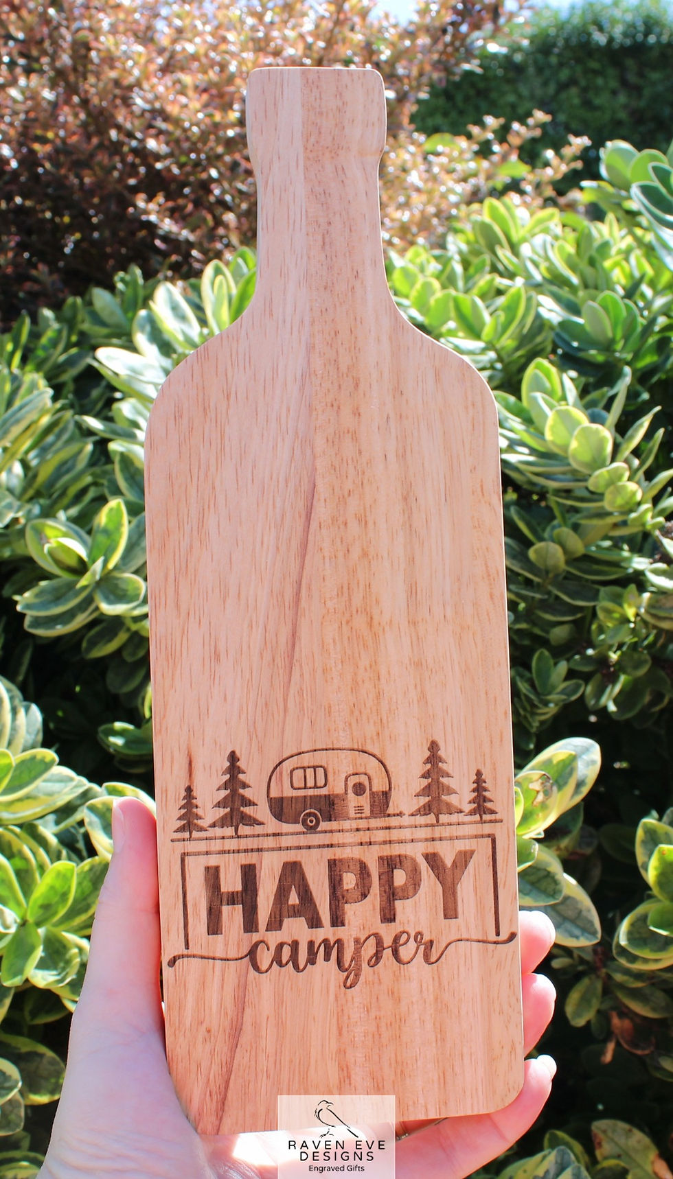'Happy Camper' Engraved Wooden Bottle Board