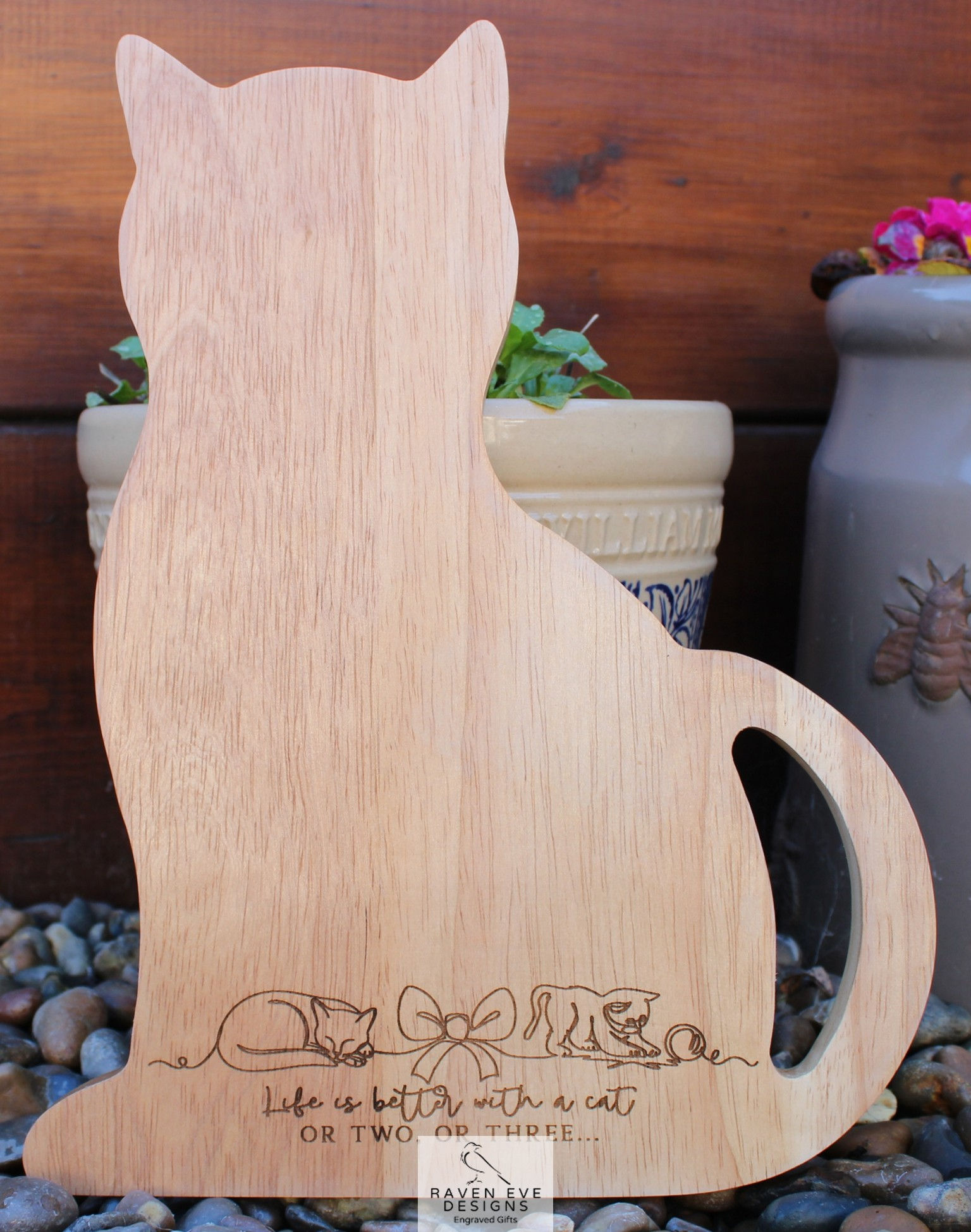 'Life Is Better With A Cat, Or Two, Or Three' Engraved Wooden Cat Shaped Board