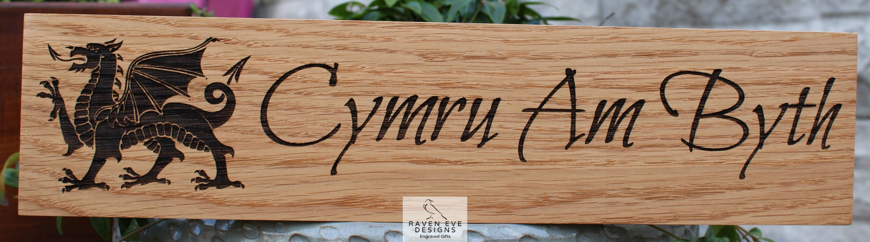 'Cymru Am Byth With Dragon' Engraved Solid Wood Sign