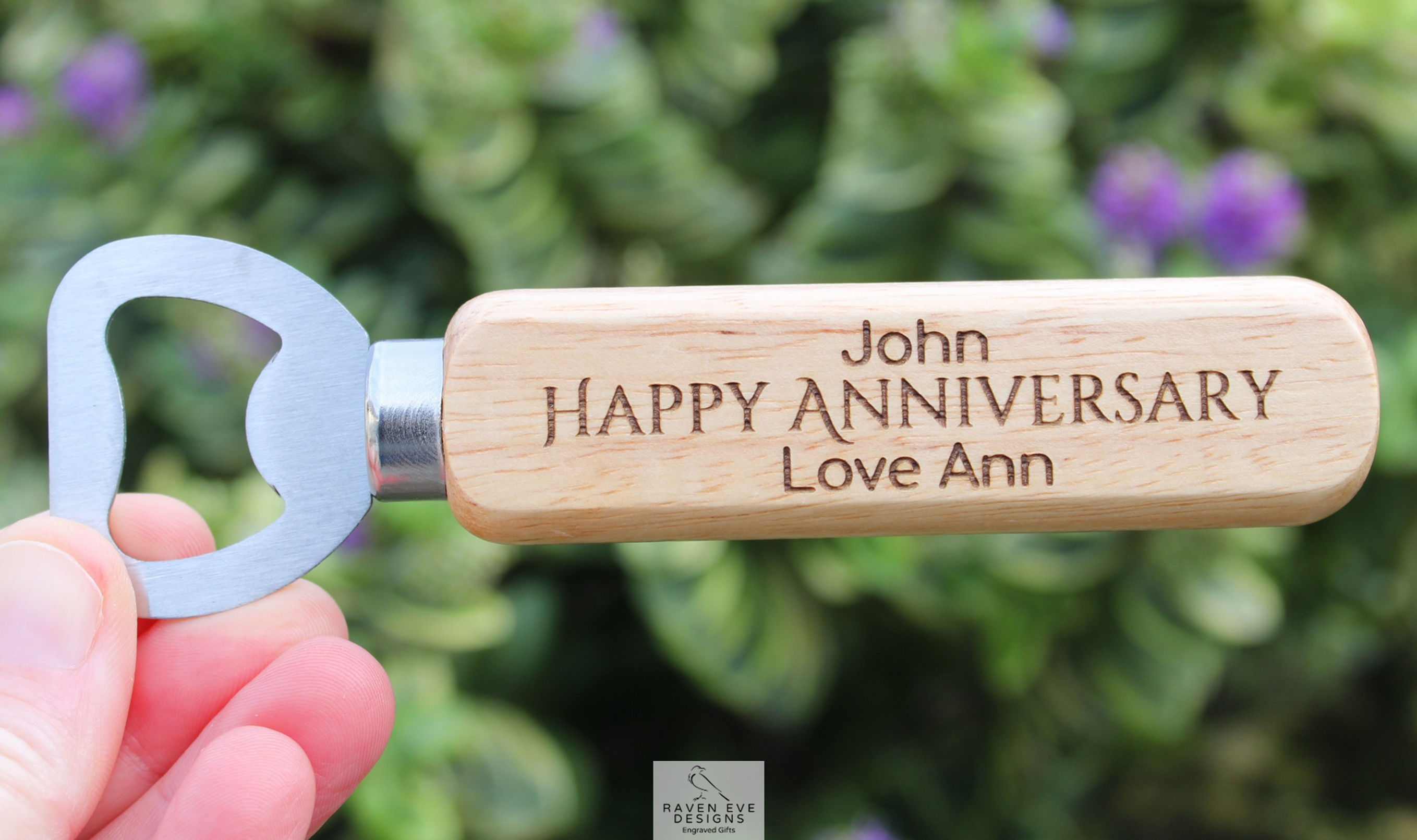 Personalised 'Anniversary With Names' Engraved Long Handled Wooden Bottle Opener