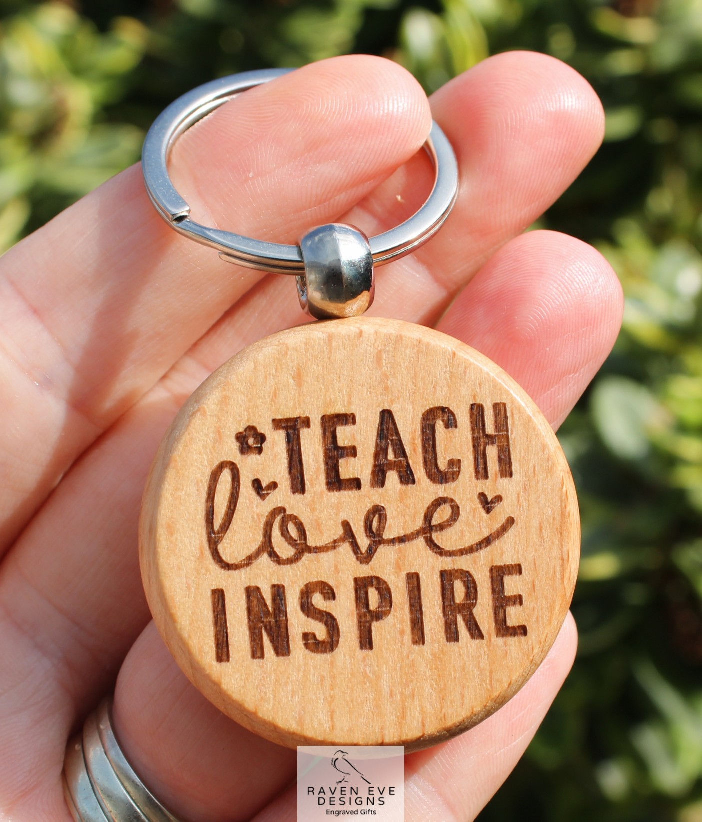 'Teach Love Inspire' Engraved Solid Beech Wooden Keyring