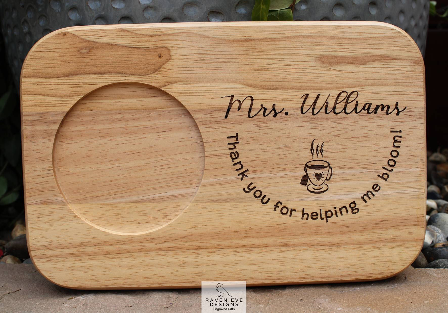 Personalised 'Thank You Helping Me Bloom' Engraved Wooden Tea & Biscuit Board
