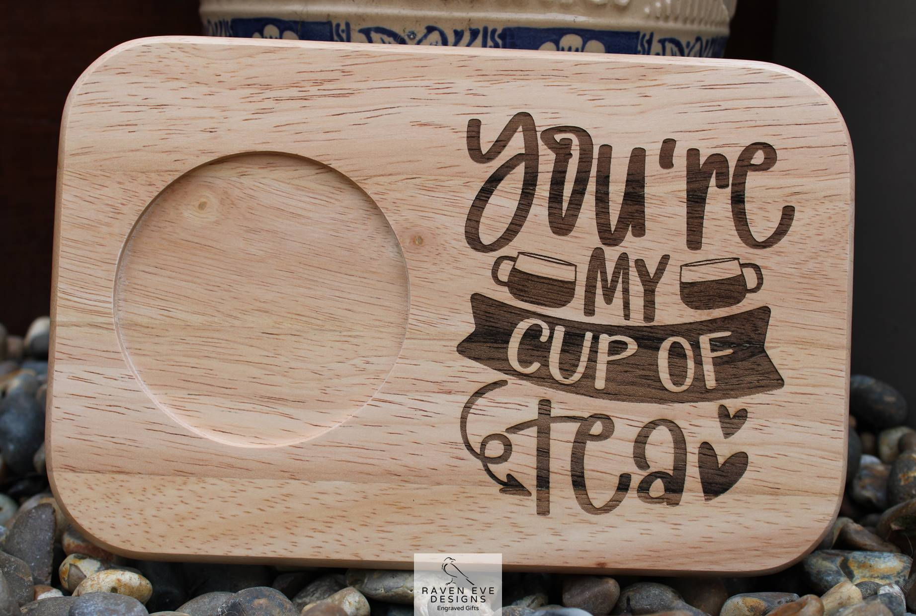 'You're My Cup Of Tea With Heart' Engraved Wooden Tea & Biscuit Board