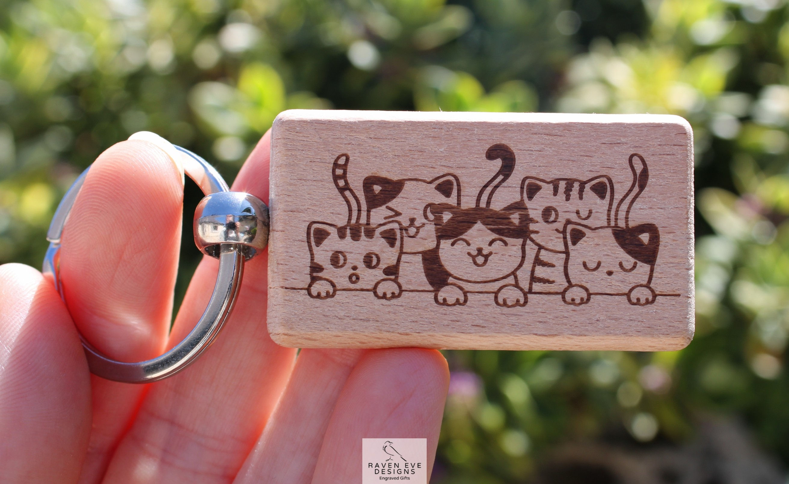 'Peeking Cats' Engraved Solid Beech Wooden Keyring
