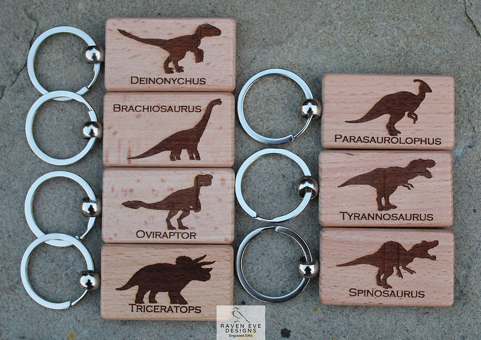 'Dinosaurs With Footprints' Engraved Wooden Solid Beech Keyring