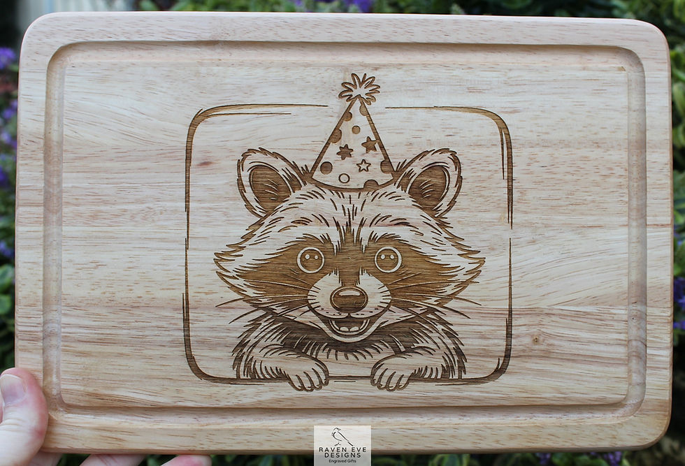 'Party Raccoon' Engraved Wooden Rectangle Board