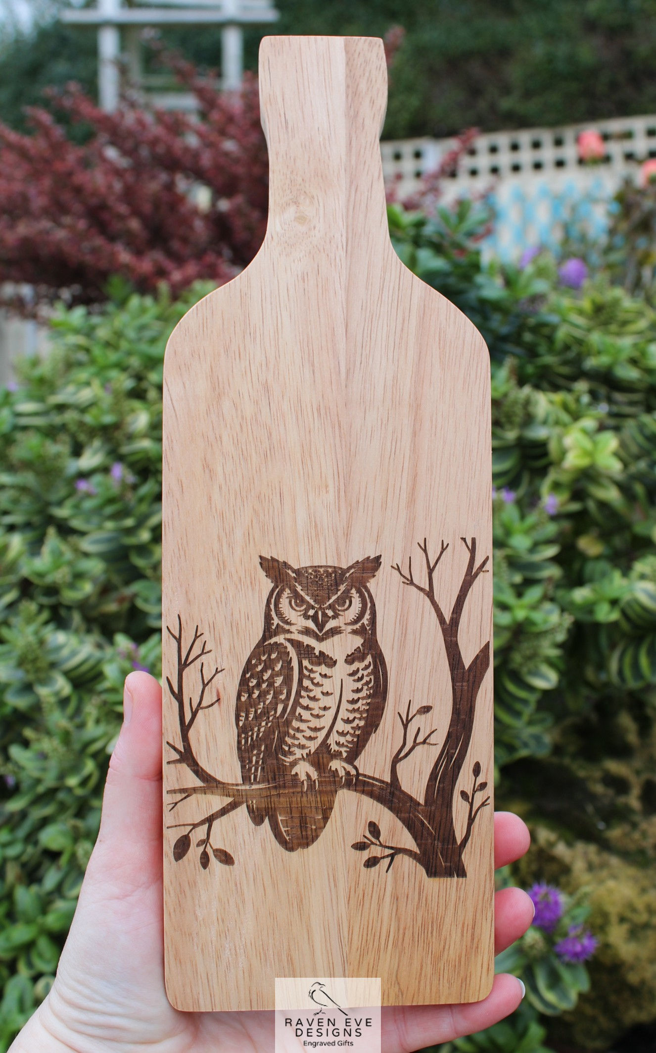 'Owl On Branch' Engraved Wooden Bottle Board