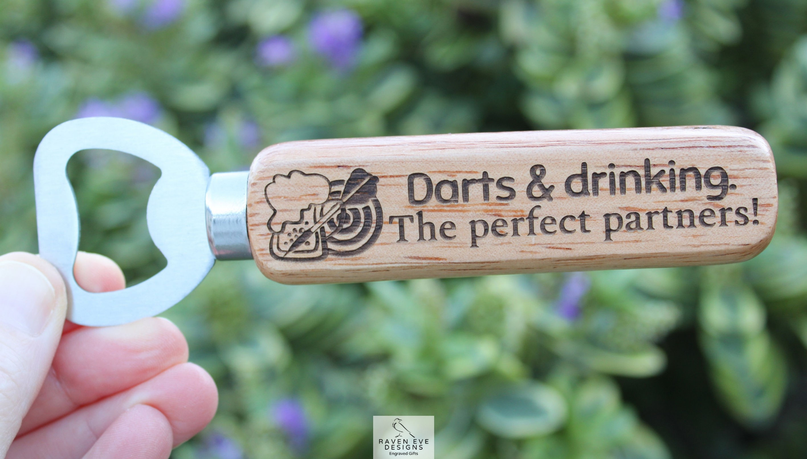 'Darts & Drinking' Engraved Long Handled Wooden Bottle Opener