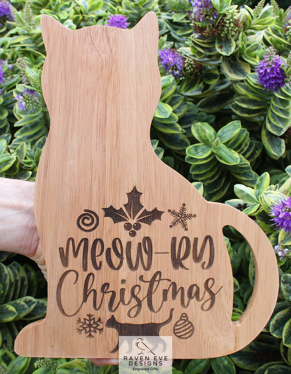 'Meow-ry Christmas' Engraved Wooden Cat Shaped Board