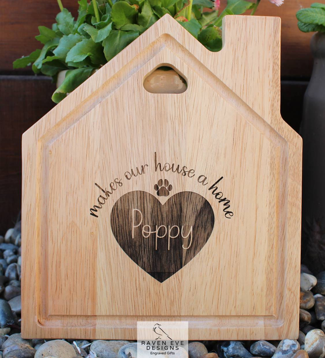 Personalised 'Makes Our House A Home' Engraved Wooden House Shaped Board