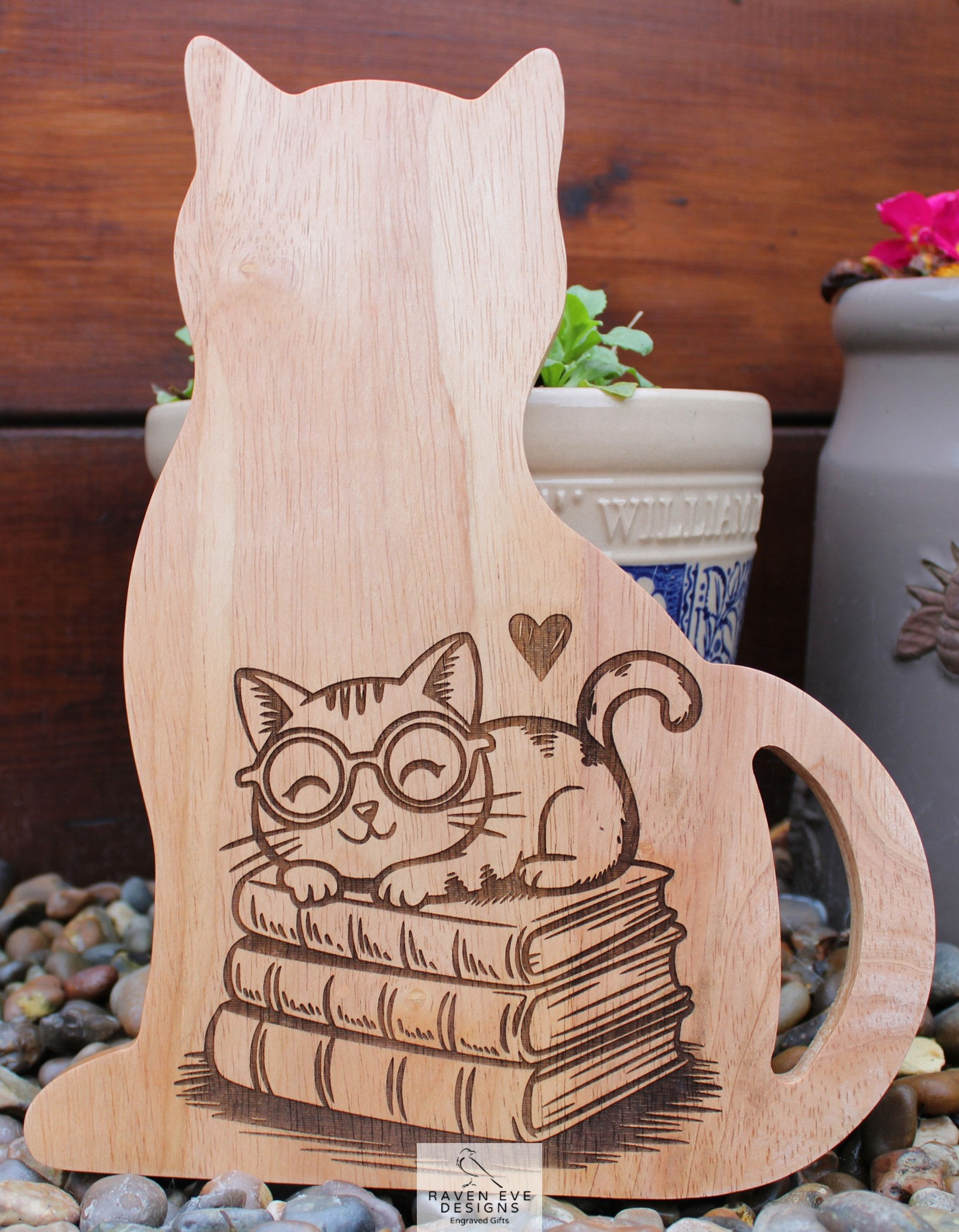 'Cat On Books' Engraved Wooden Cat Shaped Board