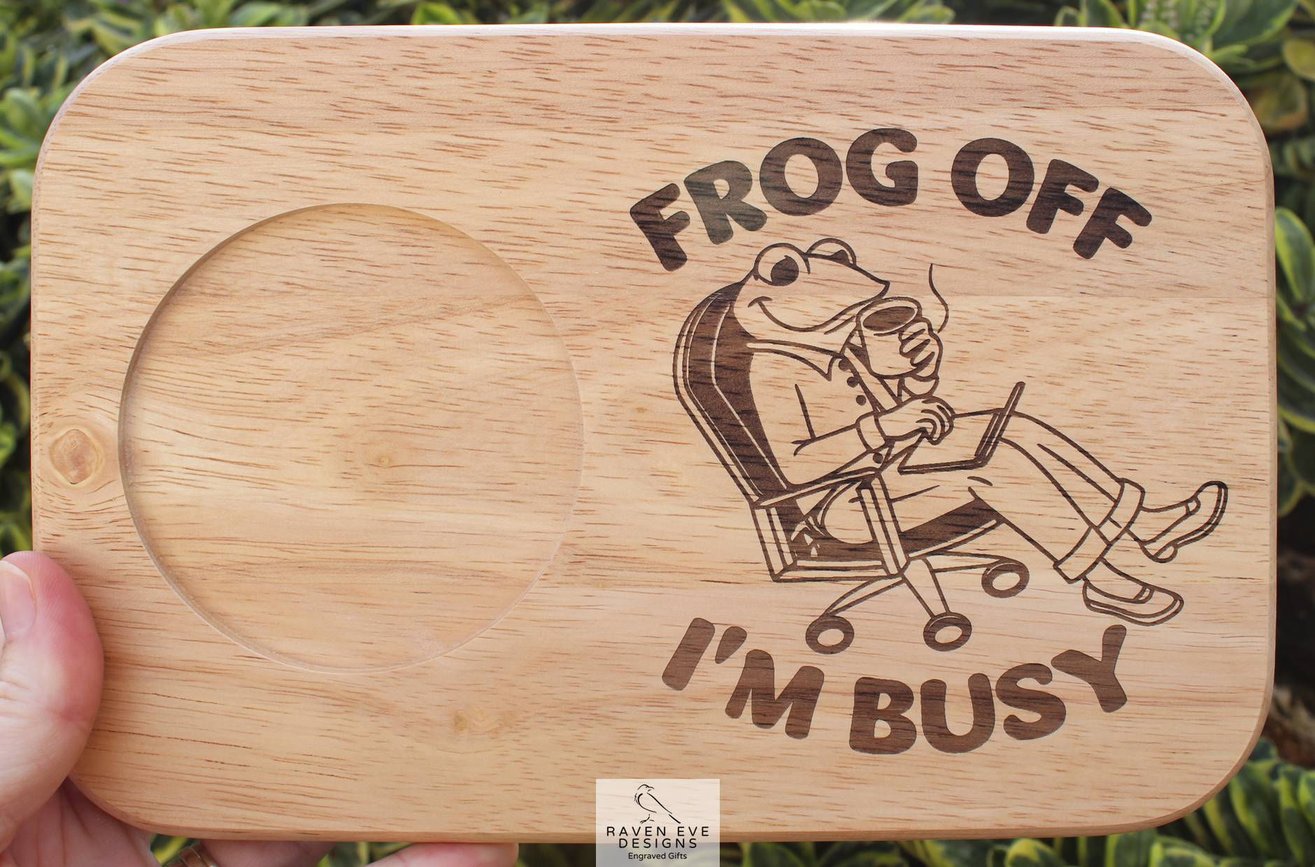 'Frog Off I'm Busy' Engraved Wooden Tea & Biscuit Board
