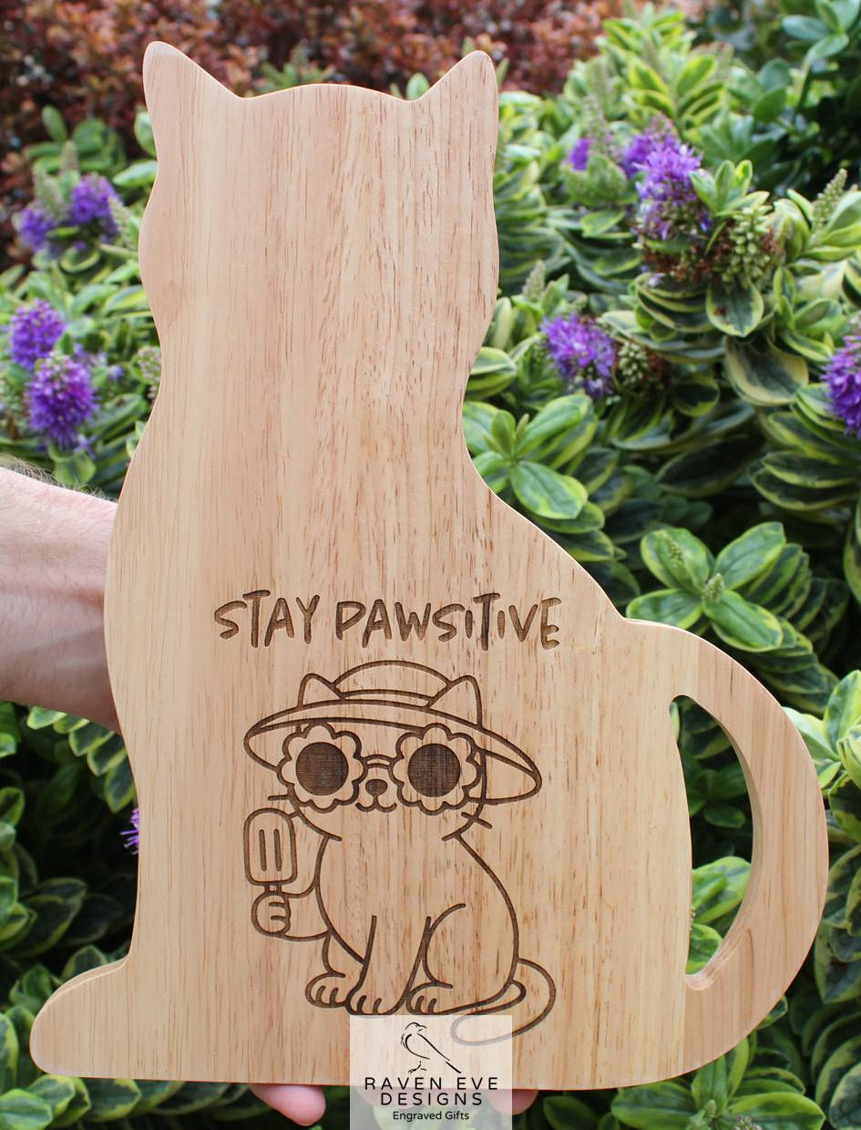 'Stay Pawsitive Summer Cat' Engraved Wooden Cat Shaped Board