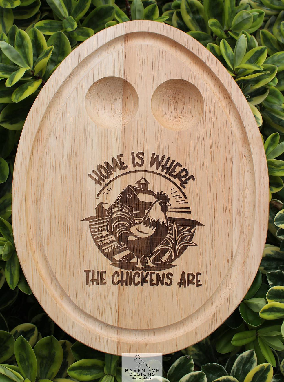 'Home Is Where The Chickens Are' Engraved Wooden Egg Shaped Egg Board