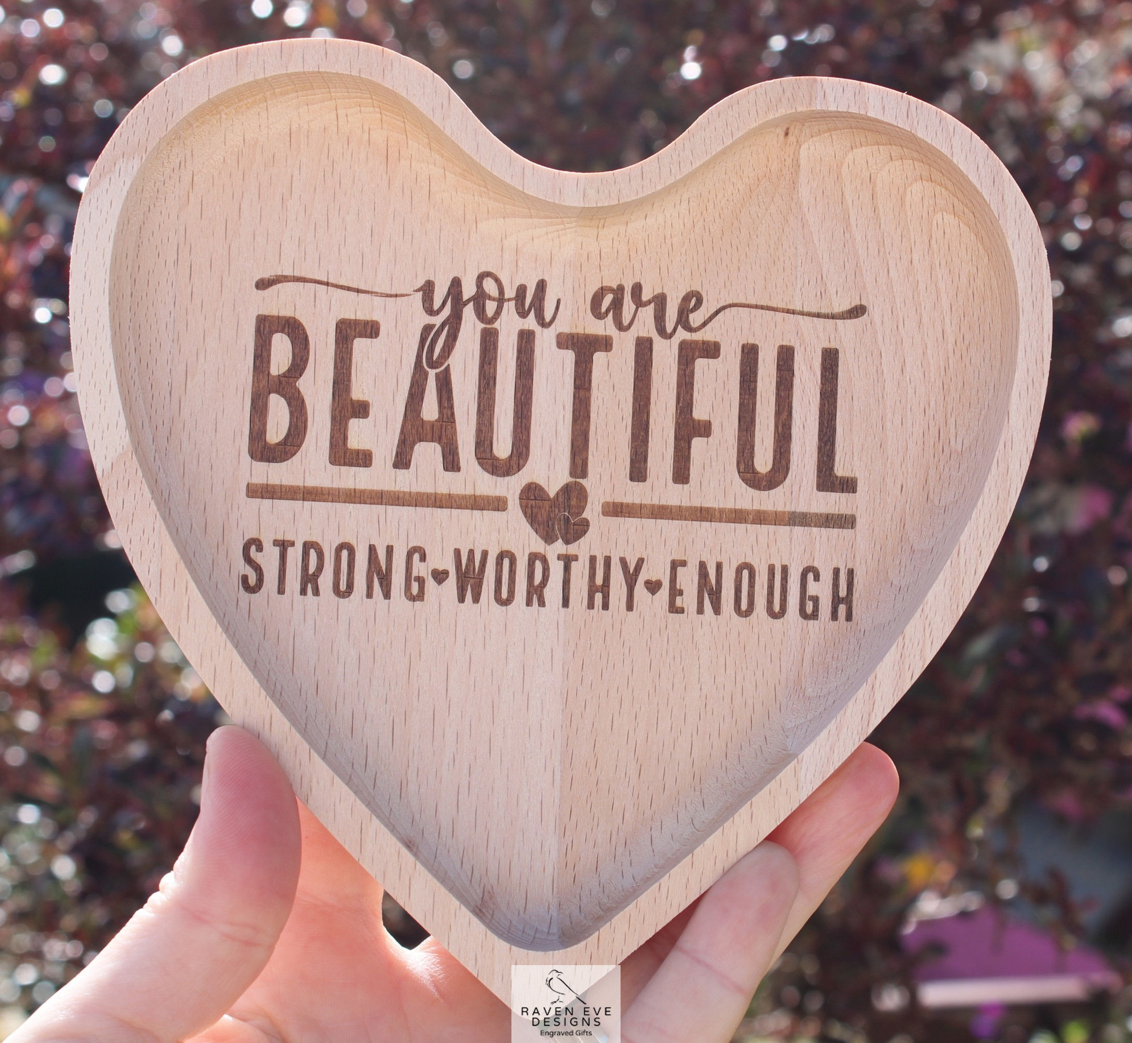 'You Are Beautiful' Engraved Solid Beech Wooden Heart Tray