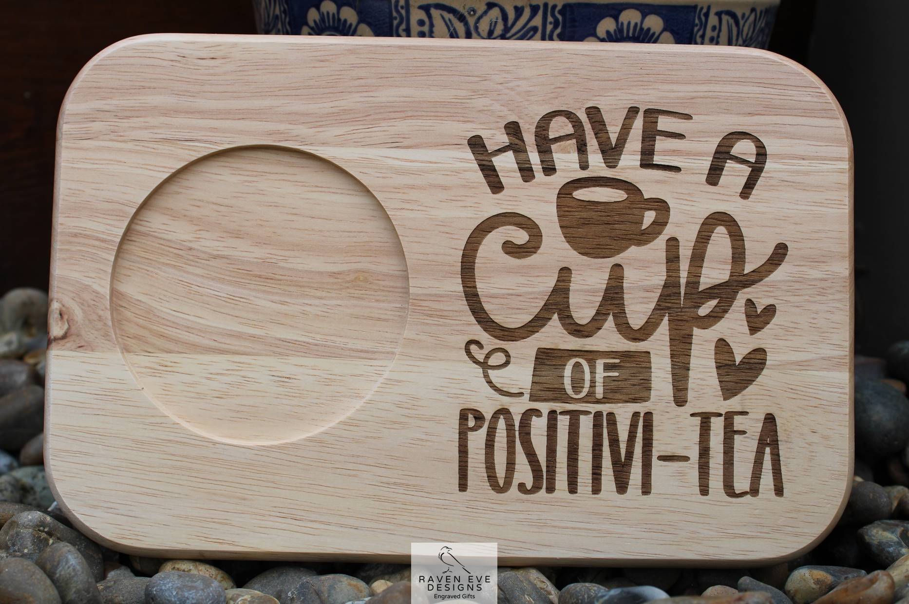 'Have A Cup Of Positivi-Tea' Engraved Wooden Tea & Biscuit Board