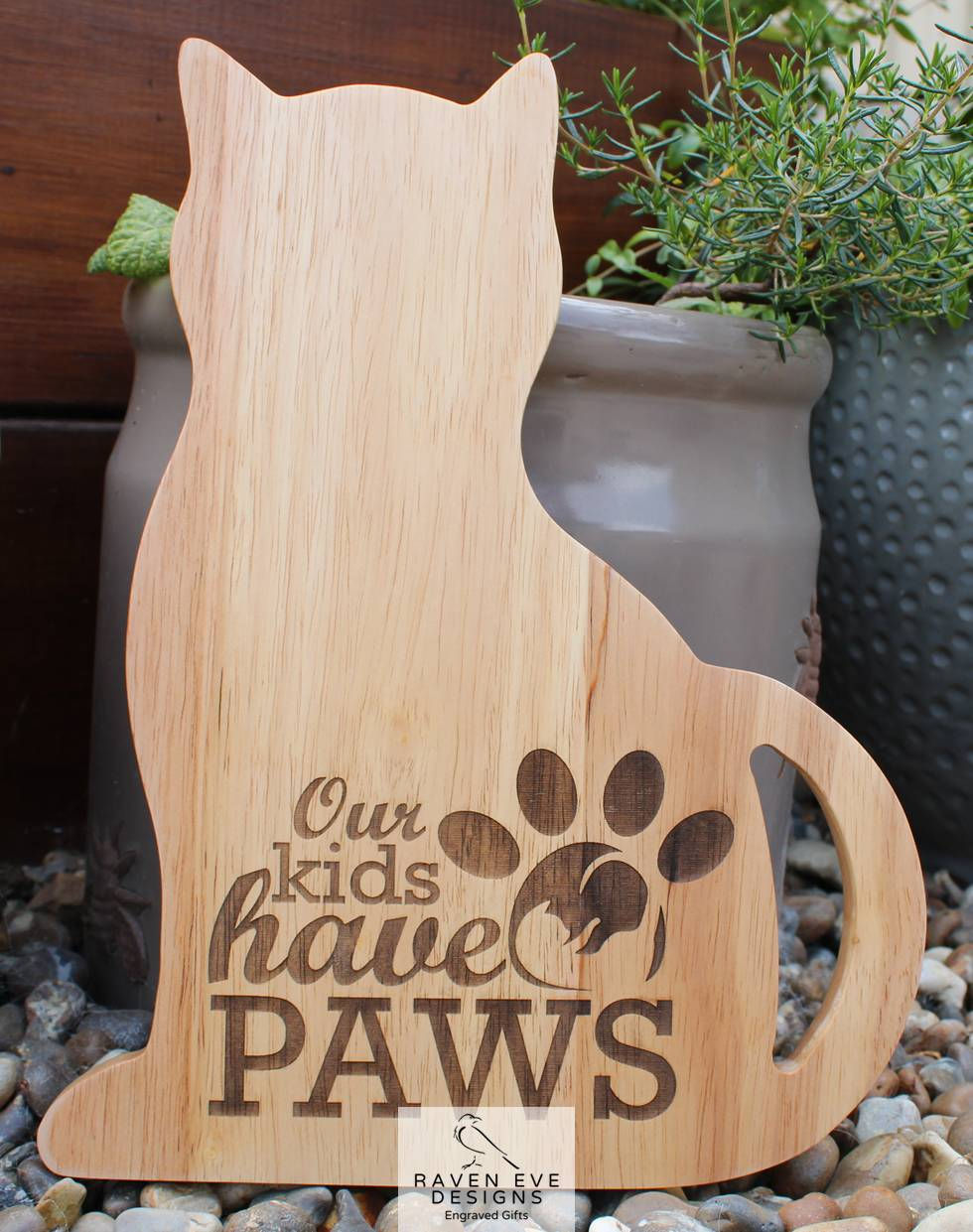 'Our Kids Have Paws' Engraved Wooden Cat Shaped Board