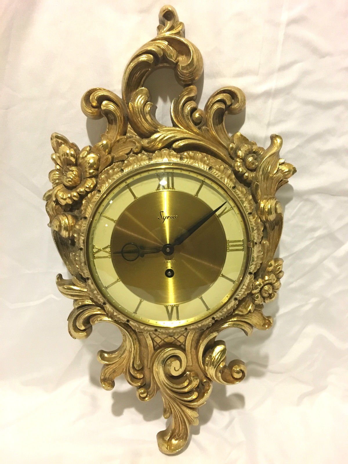 Mid Century Regency Syroco Gilt Tole 8 Day Jeweled Wall Clock