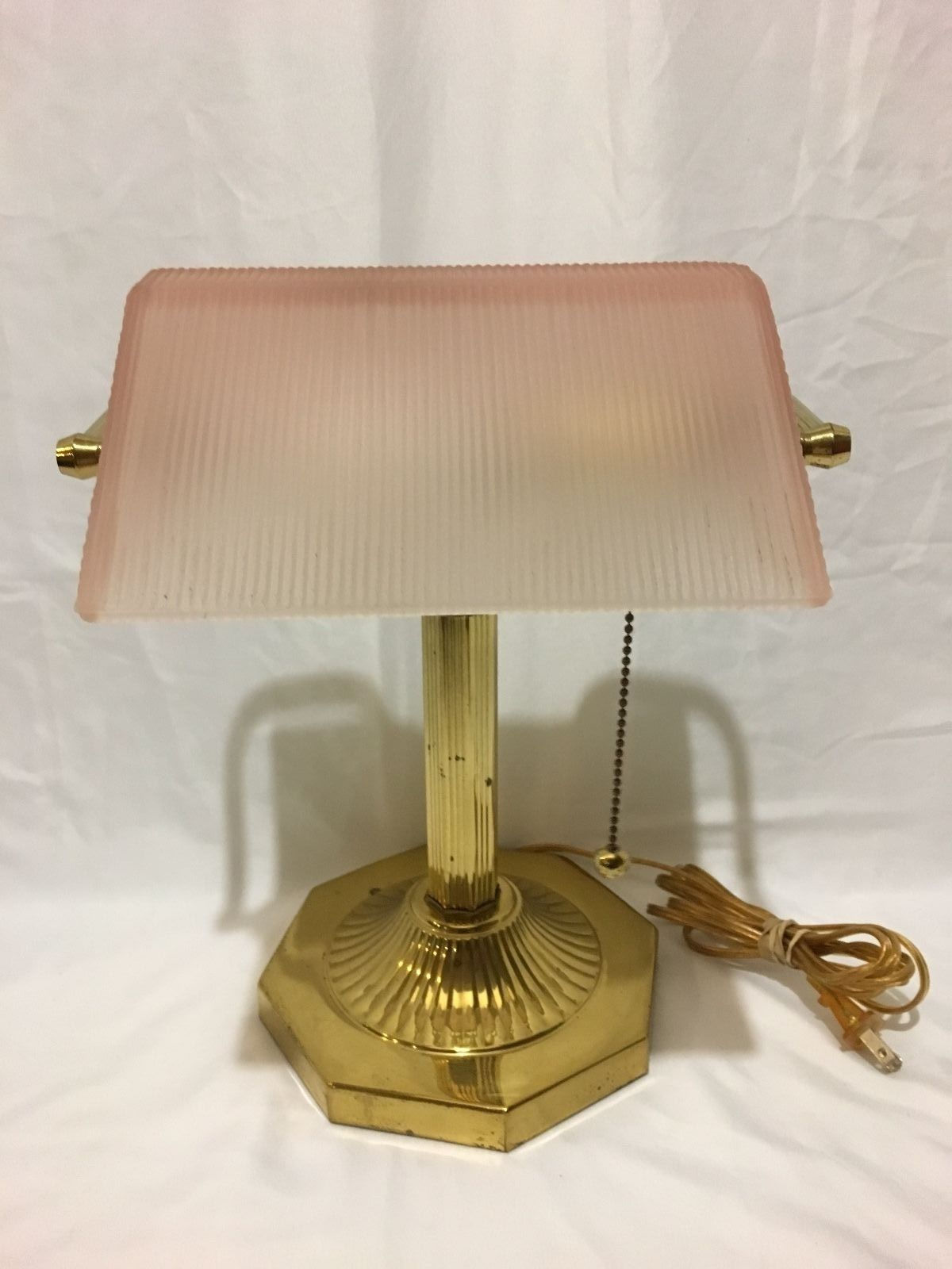 Bankers Lamp Pink Frosted Glass Shade Brass Finish.