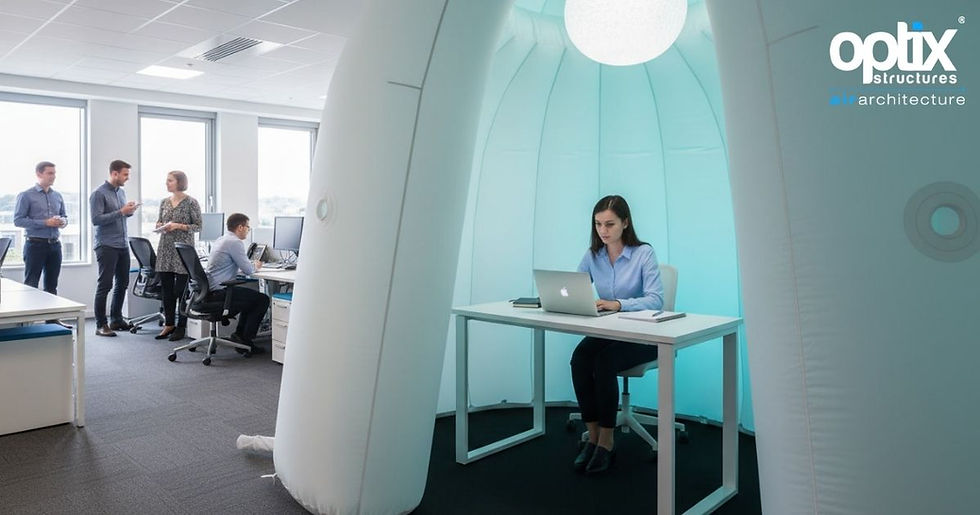 Employee concentrating inside a compact Optix Pop Up Office Pod in an open-plan office.