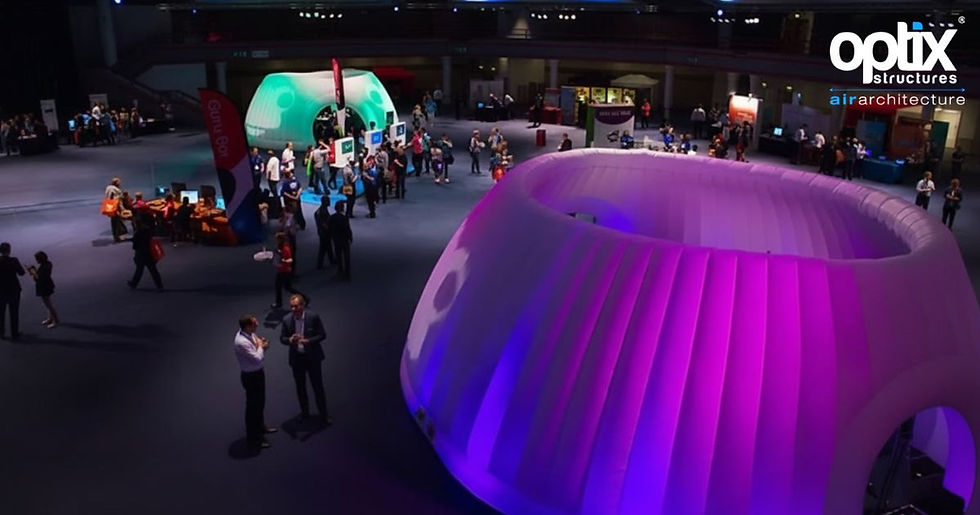 Optix Panoramic Pod presented as a recognisable roadshow structure in a corporate exhibition hall.