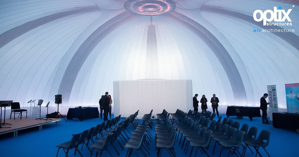 Interior of a 20m Optix inflatable Dome with finished flooring and event lighting.
