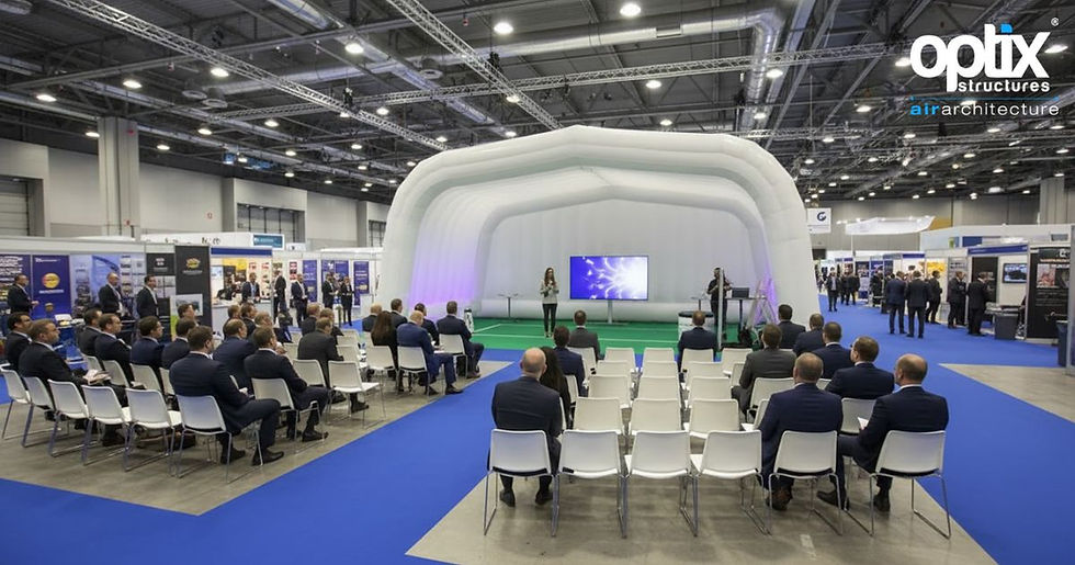 White Optix Air Roof framing a corporate presentation inside an exhibition hall