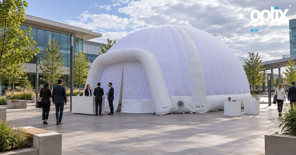 White Optix 10m inflatable Dome shown at realistic scale with people at a corporate event.