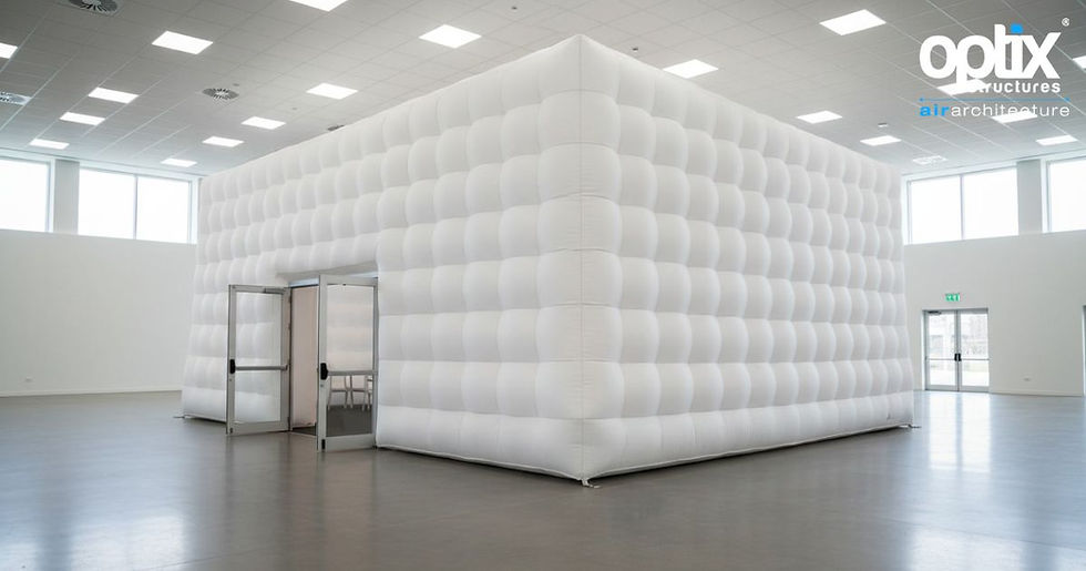 Optix Inflatable Cube forming a geometric quiet space within a corporate conference hall.
