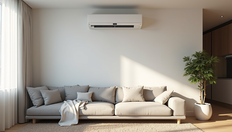 Eye-level view of a modern living room with a wall-mounted air conditioning unit