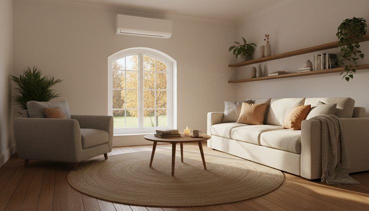 Wide-angle view of a comfortable UK living room with an air conditioning unit on the wall during autumn