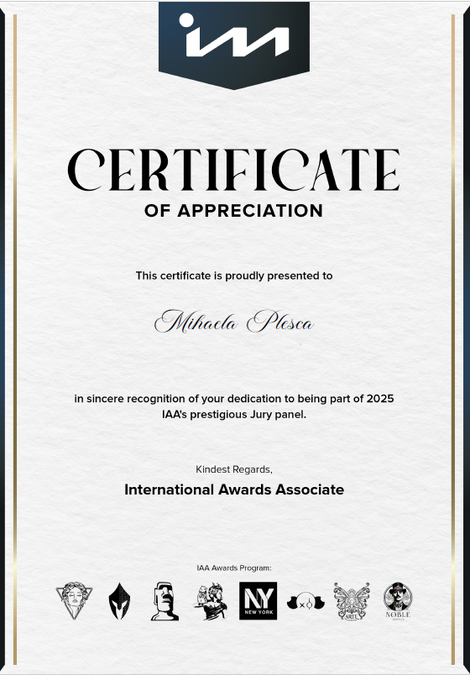 The Official Certificate of Appreciation emitted by International Awards Associate for all 2025'contest seasons as a Juror For The Founder Mihaela Pleşca