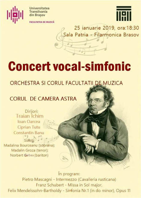 The official poster made by the founder Mihaela Pleşca of the choral vocal-symphonic concert at Patria Hall – Brașov Philharmonic, with Mihaela Pleșca as soprano in the Astra Choir & orchestra of Faculty of Music. 2018