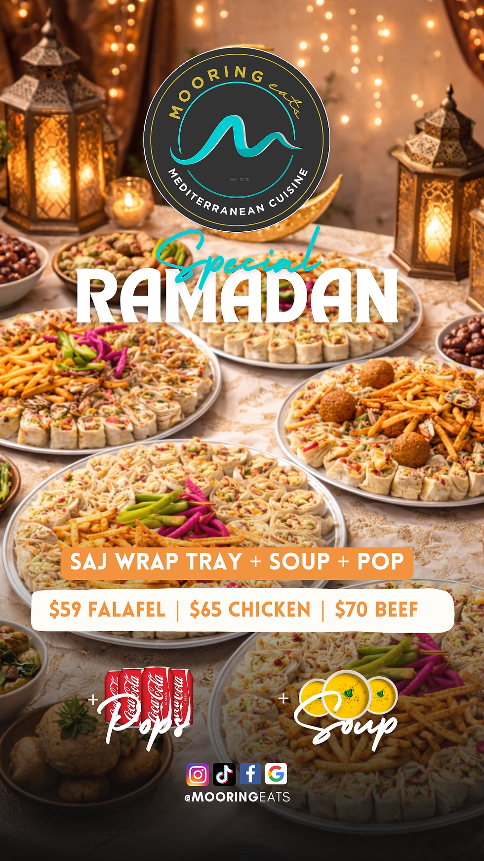 Ramadan saj wrap tray from Mooring Eats featuring chicken, beef and falafel wraps with fries and pickles, served for iftar with lentil soup and pop