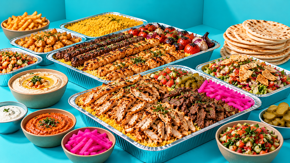 Halal-certified catering spread from Mooring Eats in Toronto with shawarma, falafel, hummus and salads