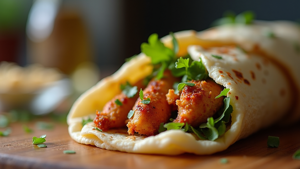 Close-up view of a freshly made chicken shawarma wrap