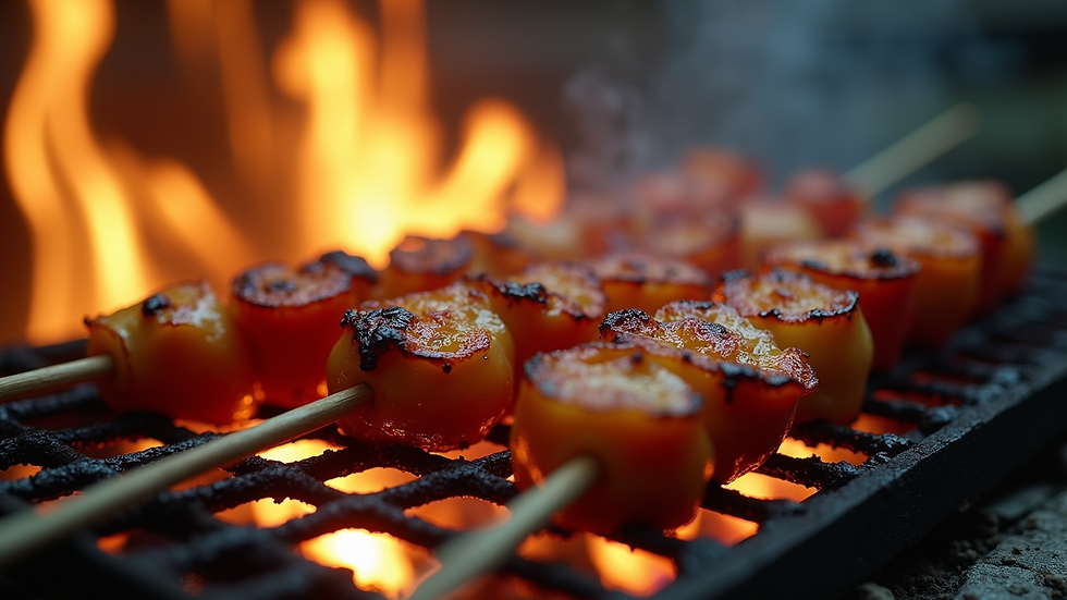 Eye-level view of grilled kebabs sizzling on an open flame grill