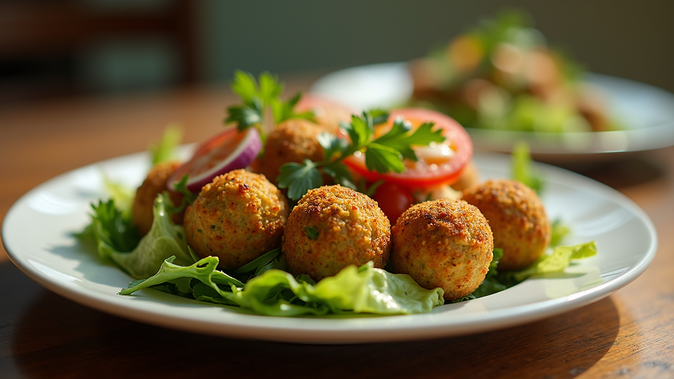 Close-up of a plate with colorful falafel balls and fresh salad