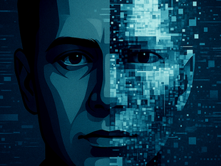 dark image with a face that is half digitized