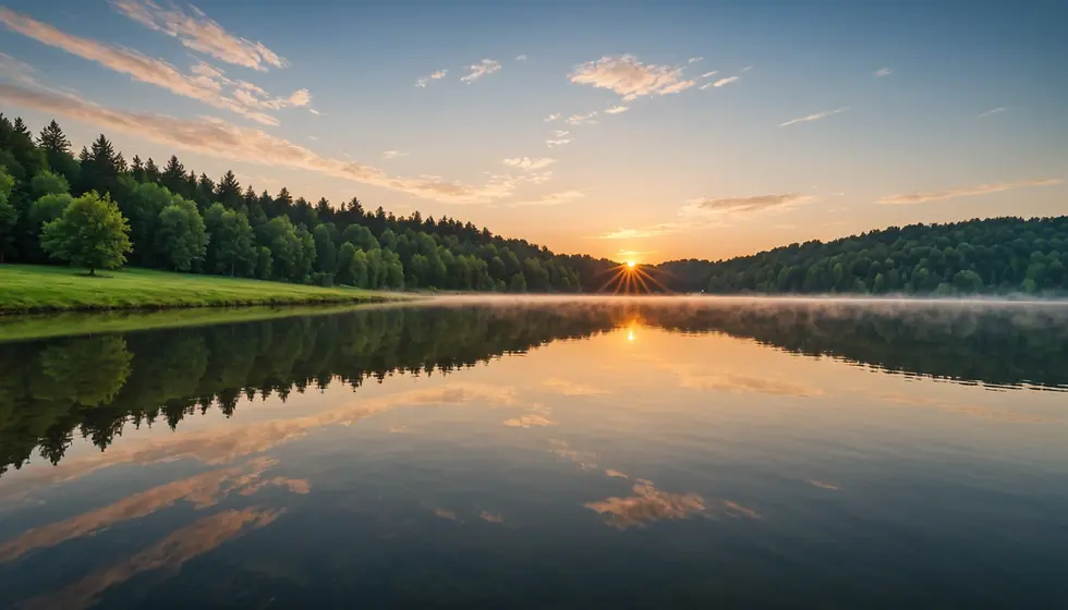 A tranquil lakeside scene at sunrise, showcasing a perfect fishing location.