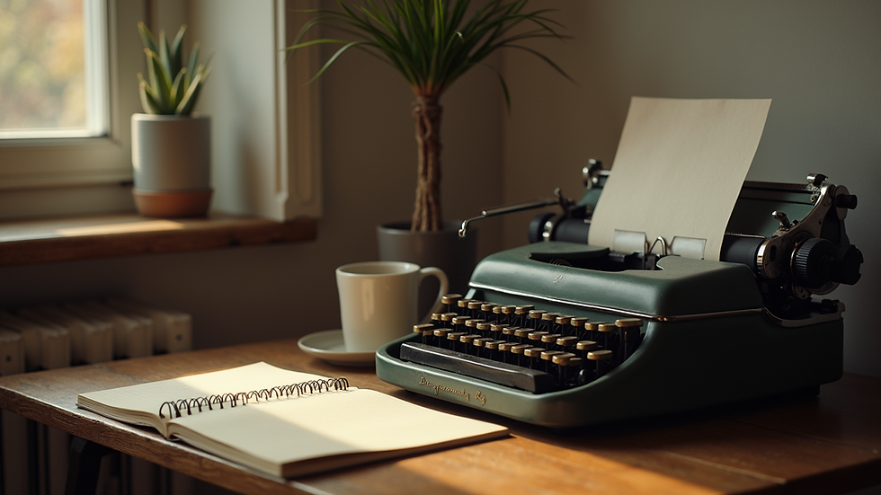 Eye-level view of a cozy writing nook with a vintage typewriter